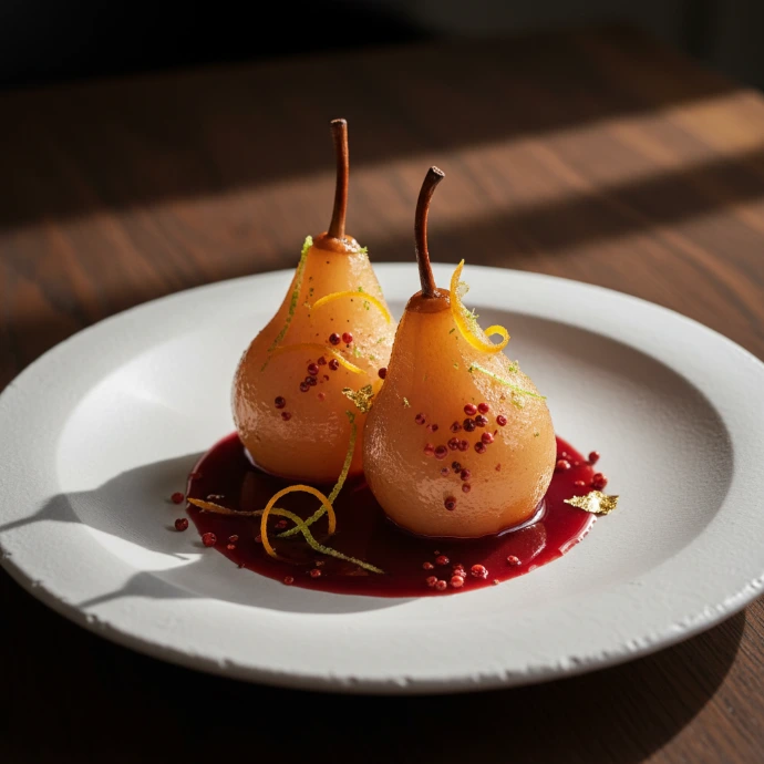 Poires pochées au poivre rouge de Kampot Description SEO  Découvrez des poires pochées au poivre rouge de Kampot, un dessert délicat, simple et élégant. Le poivre rouge apporte une chaleur aromatique subtile qui sublime la douceur du fruit. Mots-clés  poires pochées poivre rouge, dessert poivre rouge de Kampot, recette poires pochées élégante, dessert raffiné poivre de Kampot, recette sucrée poivre de Kampot