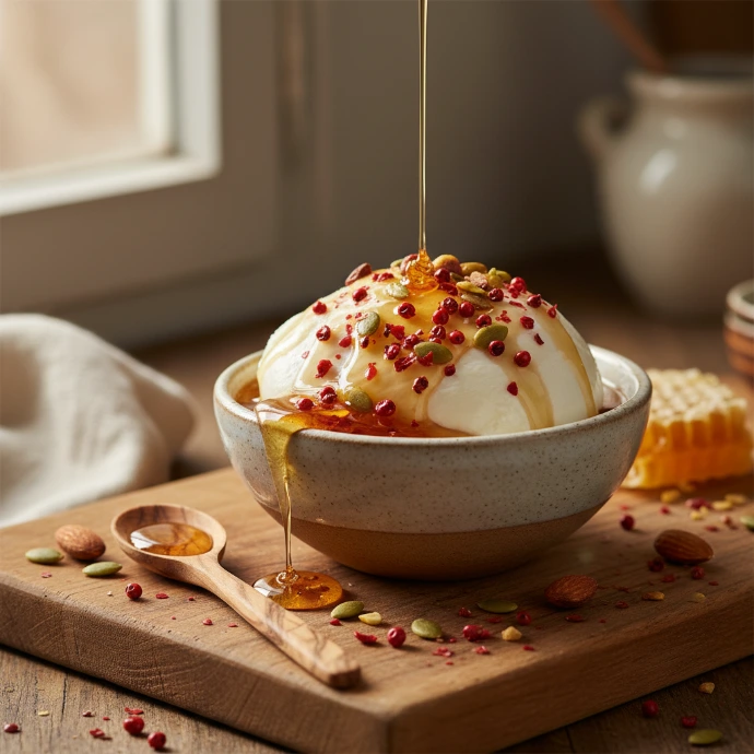 Découvrez une association simple et gourmande de fromage frais, miel et poivre rouge de Kampot. Une idée parfaite pour l’apéritif ou un dessert léger, entre douceur, fraîcheur et caractère. Mots-clés  fromage frais miel poivre rouge, recette apéritive poivre de Kampot, dessert léger poivre rouge, recette simple et gourmande, poivre rouge de Kampot recette