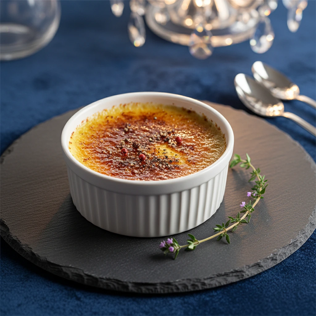 Crème brûlée au poivre de Kampot Description SEO  Découvrez une crème brûlée au poivre de Kampot, un grand classique revisité avec subtilité. Une recette élégante et inattendue, entre douceur crémeuse et notes épicées délicates. Mots-clés  crème brûlée poivre de Kampot, dessert au poivre, recette crème brûlée originale, recette dessert raffiné, poivre de Kampot dessert